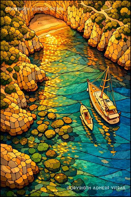 Film adhésif décoratif autocollant d’inspiration vitrail montrant une crique avec deux bateaux et reflets dorés sur l’eau turquoise.