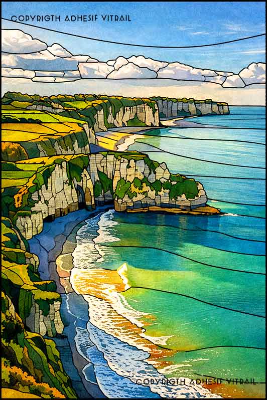 Film adhésif décoratif d’inspiration vitrail représentant des falaises bord de mer, eau turquoise et plage en contrebas, paysage naturel lumineux.