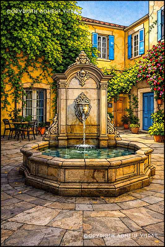 Film adhésif décoratif d’inspiration vitrail représentant une fontaine ancienne dans une cour fleurie de style provençal, ambiance chaleureuse et décorative.