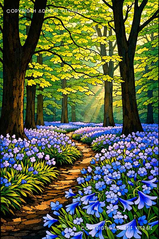 Film adhésif décoratif autocollant d’inspiration vitrail représentant un chemin en forêt bordé de fleurs bleues, ambiance nature lumineuse pour fenêtre.