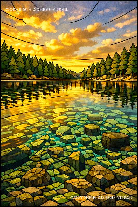 Film adhésif décoratif d’inspiration vitrail représentant un lac calme entouré de forêt, pierres visibles sous l’eau et lumière dorée au coucher du soleil.