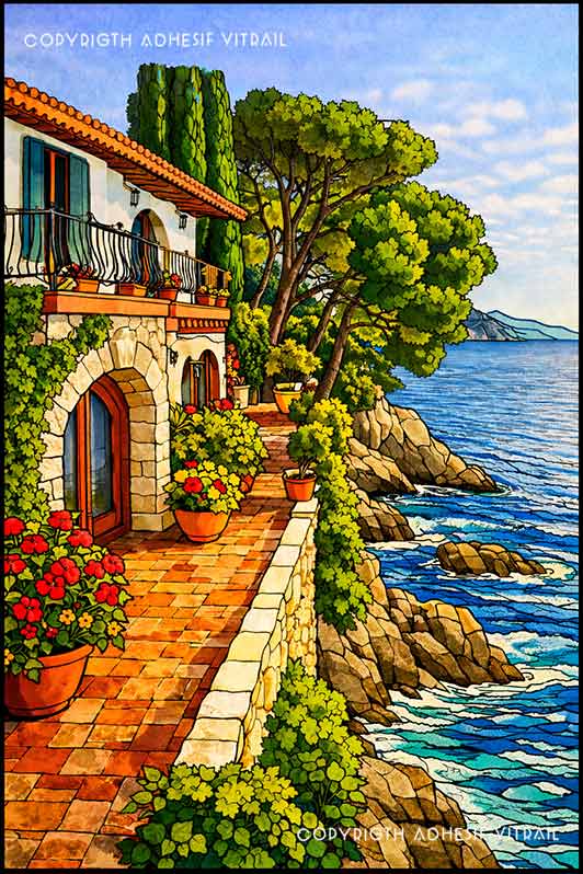 Film adhésif décoratif autocollant d’inspiration vitrail représentant une maison en bord de mer avec terrasse fleurie et vue sur l’océan.