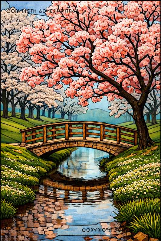 Film adhésif décoratif d’inspiration vitrail représentant un petit pont en bois sous des cerisiers en fleurs, scène de printemps paisible.