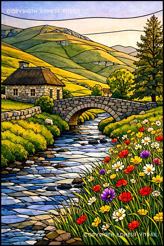 Film adhésif décoratif autocollant d’inspiration vitrail représentant un pont en pierre, une maison de campagne et des fleurs colorées.