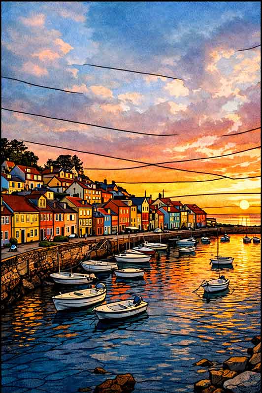 Film adhésif décoratif d’inspiration vitrail représentant un port avec bateaux et maisons colorées, reflets dorés sur l’eau au coucher du soleil.