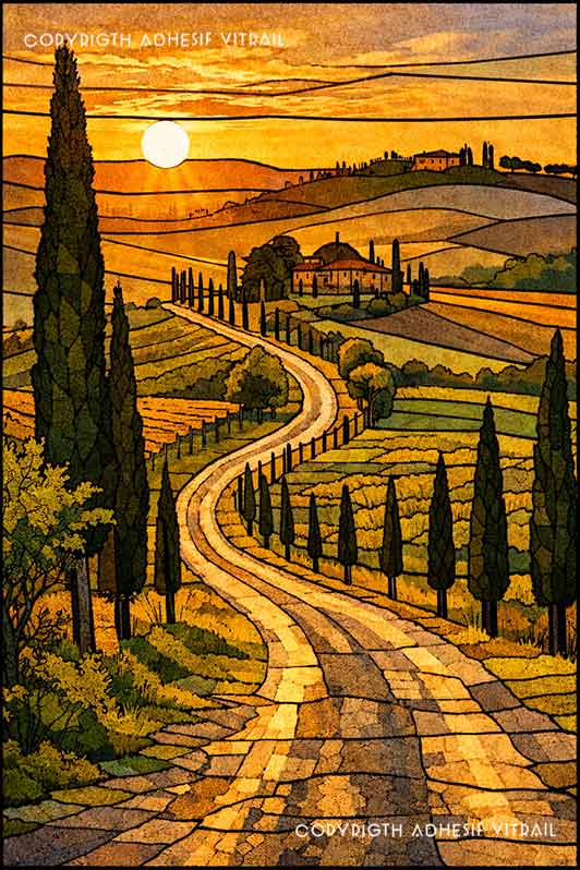 Film adhésif décoratif d’inspiration vitrail représentant une route sinueuse dans la campagne toscane, cyprès et collines dorées au coucher du soleil.