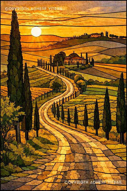 Film adhésif décoratif d’inspiration vitrail représentant une route sinueuse dans la campagne toscane, cyprès et collines dorées au coucher du soleil.