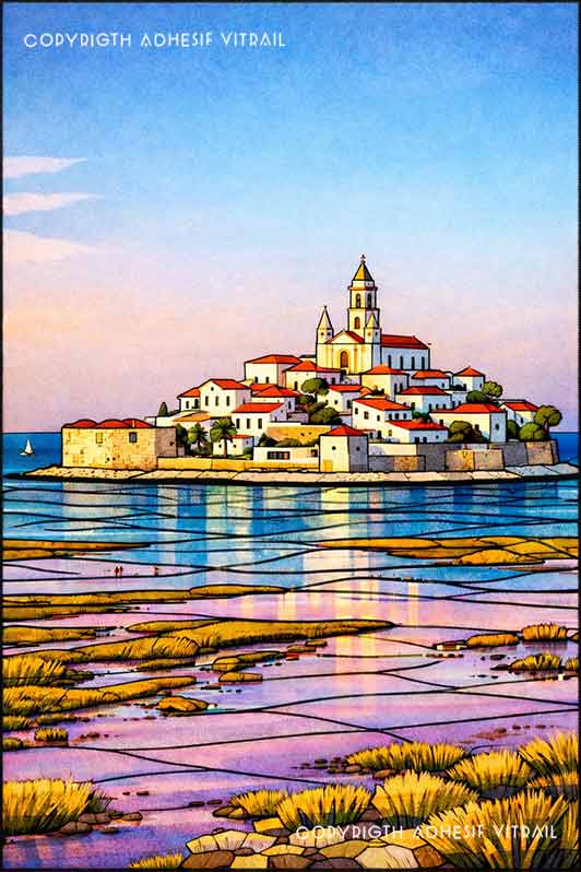 Film adhésif décoratif d’inspiration vitrail représentant un village méditerranéen sur une île, maisons blanches et clocher face à la mer.