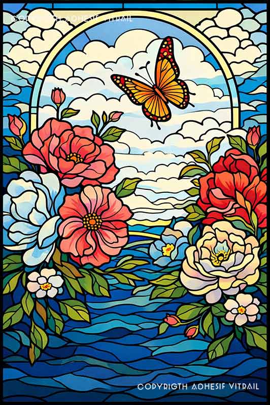 Film adhésif décoratif autocollant d’inspiration vitrail représentant des fleurs colorées et un papillon au-dessus de la mer bleue.