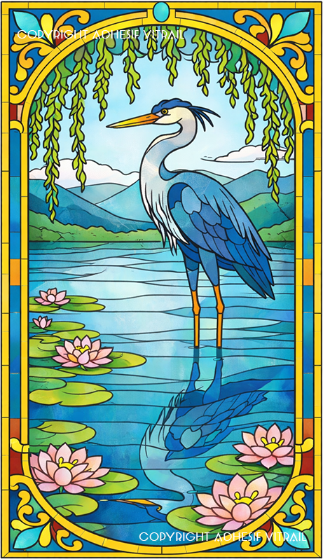Film adhésif décoratif autocollant d’inspiration vitrail héron nénuphars étang nature décoration fenêtre intimité vitrage intérieur