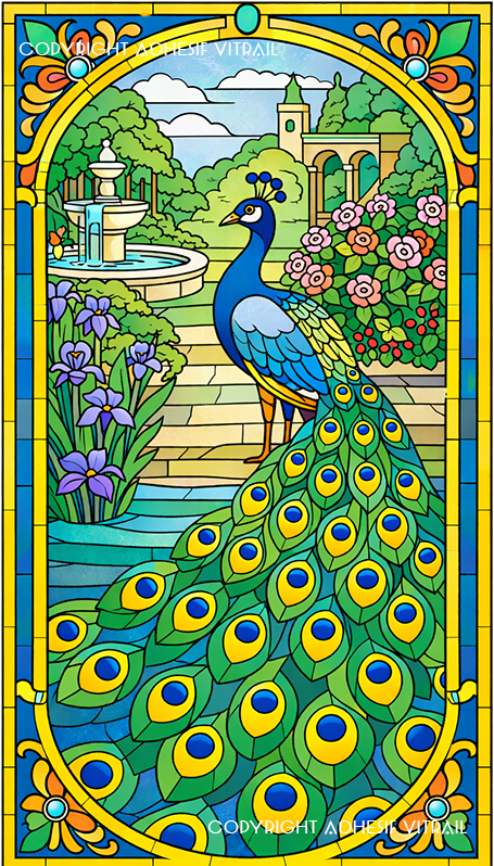 Film adhésif décoratif autocollant d’inspiration vitrail paon jardin fleuri fontaine décoration fenêtre vitrage intérieur élégant